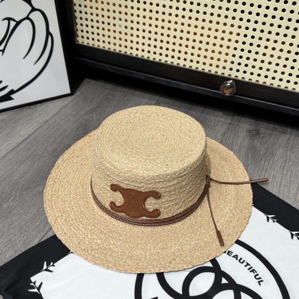 CELINE FLAT CROWN RAFFIA HAT EMBLEM IN BROWN