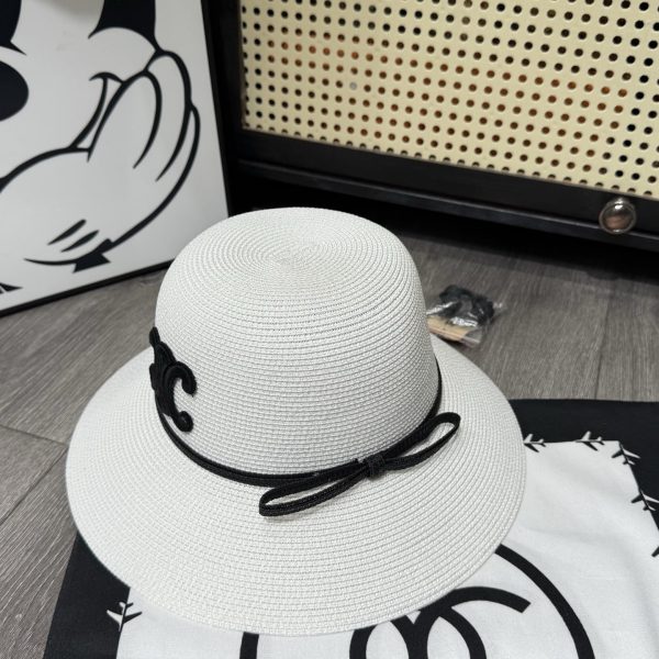 CELINE TRIOMPHE RAFFIA BUCKET HAT WITH BOW WHITE