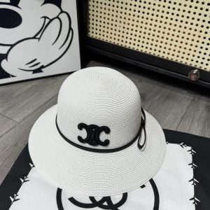 CELINE TRIOMPHE RAFFIA BUCKET HAT WITH BOW WHITE