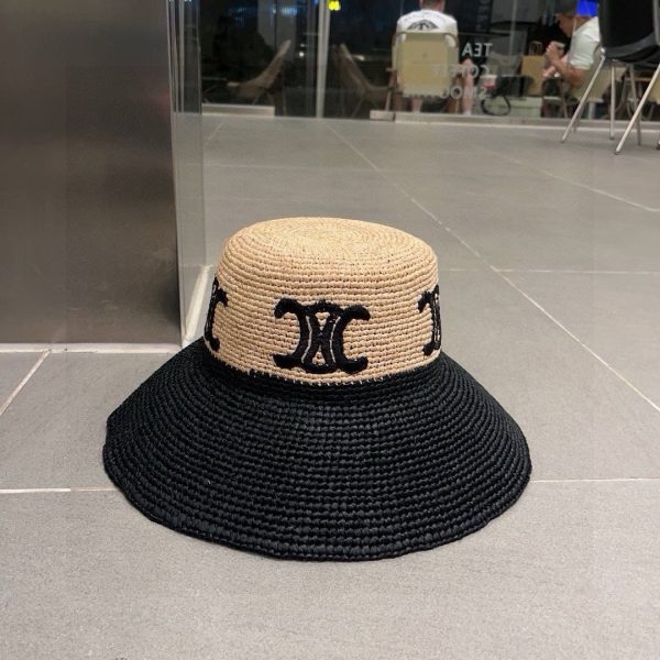 CELINE TRIOMPHE RAFFIA WIDE BRIM BUCKET HAT NATURAL BLACK