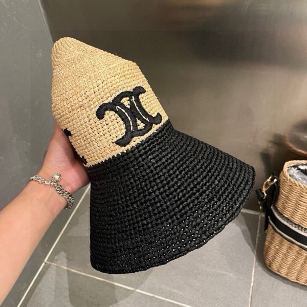 CELINE TRIOMPHE RAFFIA WIDE BRIM BUCKET HAT NATURAL BLACK