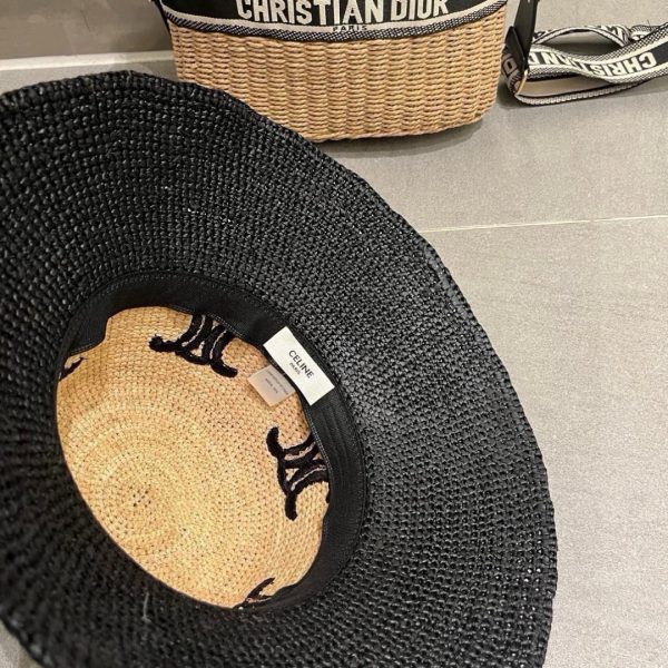 CELINE TRIOMPHE RAFFIA WIDE BRIM BUCKET HAT NATURAL BLACK