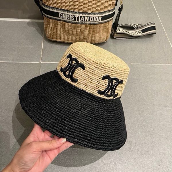 CELINE TRIOMPHE RAFFIA WIDE BRIM BUCKET HAT NATURAL BLACK