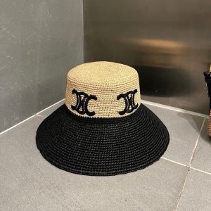 CELINE TRIOMPHE RAFFIA WIDE BRIM BUCKET HAT NATURAL BLACK