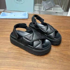 PRADA NAPPA LEATHER CRISSCROSS FLATFORM SANDALS BLACK 1XZ777 038 F0002 F 045
