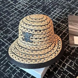 CELINE TRIOMPHE RAFFIA BUCKET HAT NATURAL AND BLACK