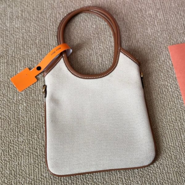 MIUMIU IVY CANVAS AND LEATHER BAG BEIGE 20CM 5BA281 ACRN F062F V OLF