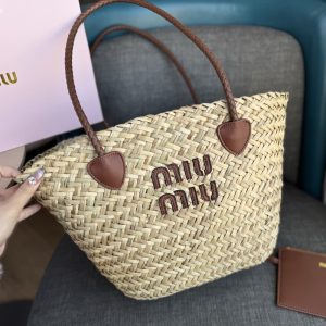 MIU MIU PALMETTO TOTE BAG RAFFIA IN TAN 30CM 5BG206 2DDH F0A5T