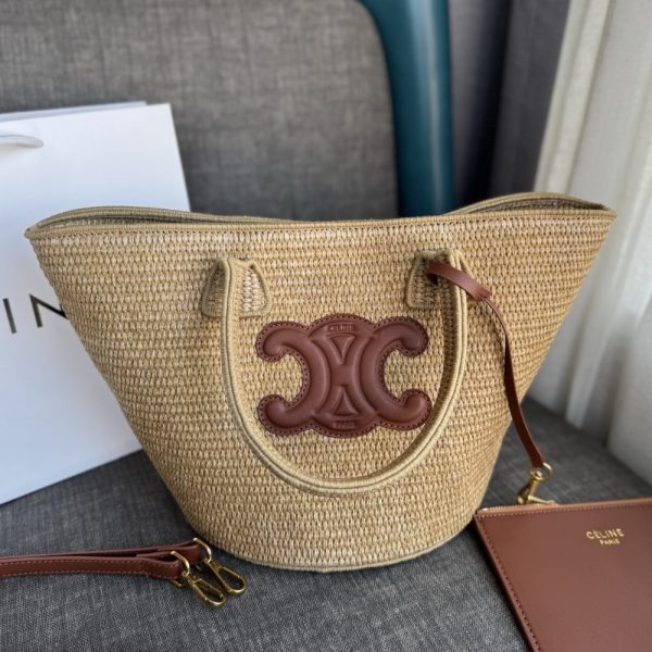 CELINE SUPPLE SMALL TRIOMPHE CLASSIC PANIER IN RAFFIA TAN 25CM
