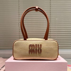 MIUMIU WOMEN’S CANVAS AND LEATHER BAG NATURAL BEAU 27CM
