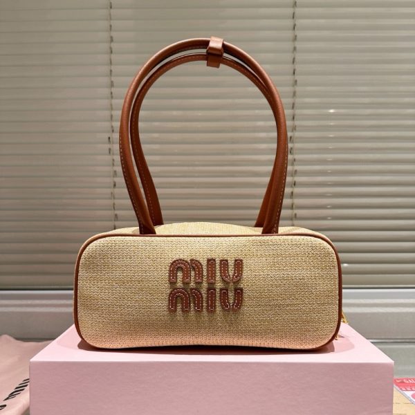 MIUMIU WOMEN’S CANVAS AND LEATHER BAG NATURAL BEAU 27CM