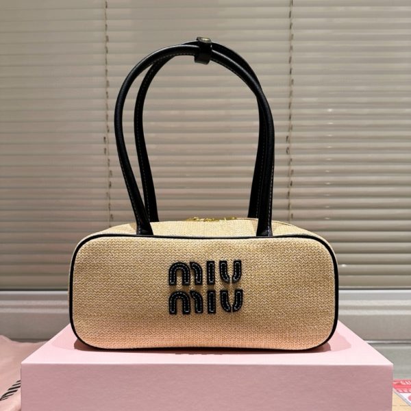 MIUMIU WOMEN’S CANVAS AND LEATHER BAG BLACK 27CM