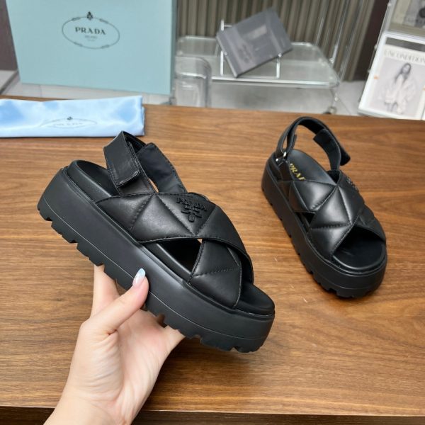 PRADA NAPPA LEATHER CRISSCROSS FLATFORM SANDALS BLACK 1XZ777 038 F0002 F 045
