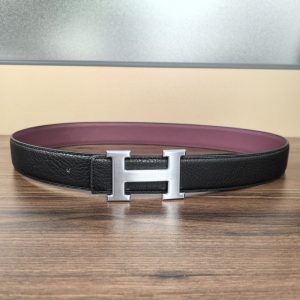 HERMÈS H REVERSIBLE LEATHER BELT BLACK AND SILVER 25MM