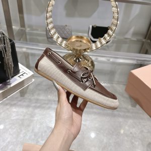MIUMIU CANVAS AND BLEACHED LEATHER BOAT SHOES BEIGE 5D376E 3LQM F0J51 F 005
