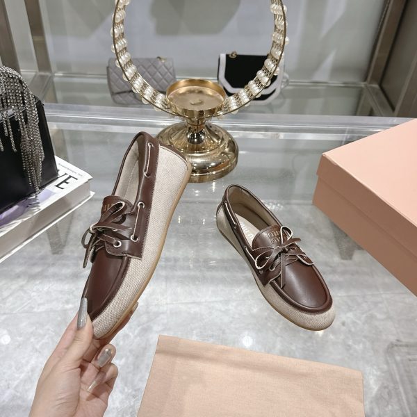 MIUMIU CANVAS AND BLEACHED LEATHER BOAT SHOES BEIGE 5D376E 3LQM F0J51 F 005