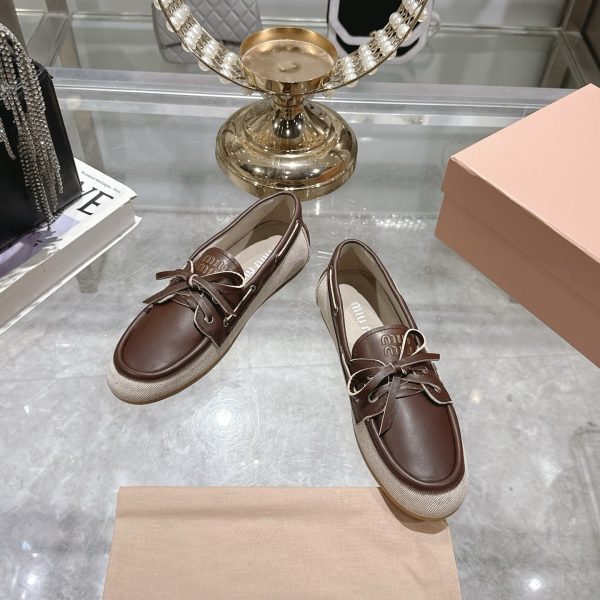MIUMIU CANVAS AND BLEACHED LEATHER BOAT SHOES BEIGE 5D376E 3LQM F0J51 F 005