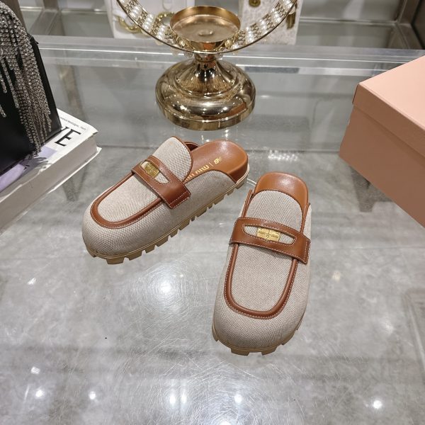 MIUMIU CANVAS AND LEATHER MULES BEIGE 5D377E Q1D F062F F 010