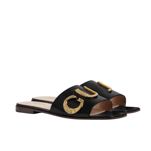 GUCCI WOMEN’S LOGO EMBELLISHED SLIDE SANDALS BLACK
