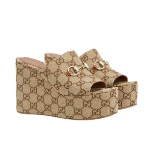 GUCCI WOMEN’S WEDGE SANDAL WITH HORSEBIT BEIGE 816328 FAB10 2547