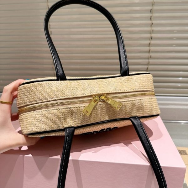 MIUMIU WOMEN’S CANVAS AND LEATHER BAG BLACK 27CM