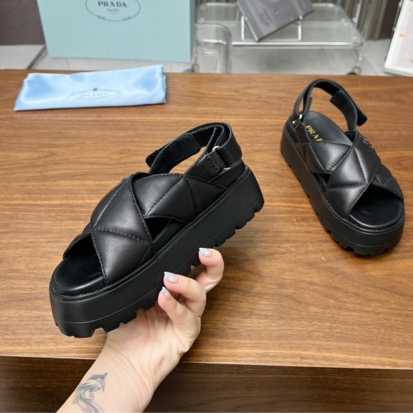 PRADA NAPPA LEATHER CRISSCROSS FLATFORM SANDALS BLACK 1XZ777 038 F0002 F 045