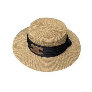 CELINE TRIOMPHE RAFFIA BOATER HAT WITH SILK IN NATURAL