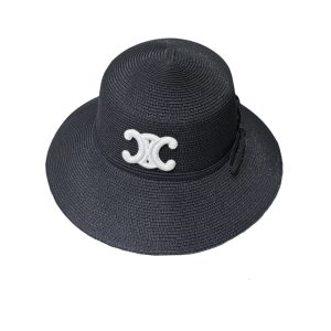 CELINE TRIOMPHE RAFFIA BUCKET HAT WITH BOW BLACK