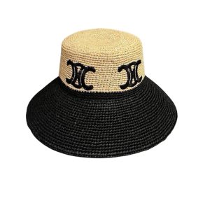 CELINE TRIOMPHE RAFFIA WIDE BRIM BUCKET HAT NATURAL BLACK