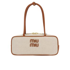 MIUMIU WOMEN’S CANVAS AND LEATHER BAG NATURAL BEAU 27CM