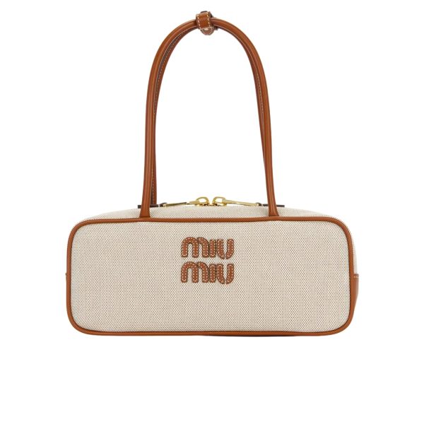 MIUMIU WOMEN’S CANVAS AND LEATHER BAG NATURAL BEAU 27CM