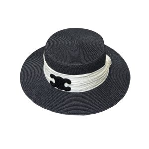 CELINE TRIOMPHE RAFFIA BOATER HAT WITH SILK IN BLACK