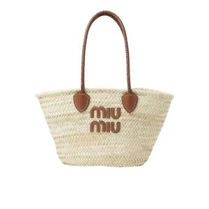 MIU MIU PALMETTO TOTE BAG RAFFIA IN TAN 30CM 5BG206 2DDH F0A5T
