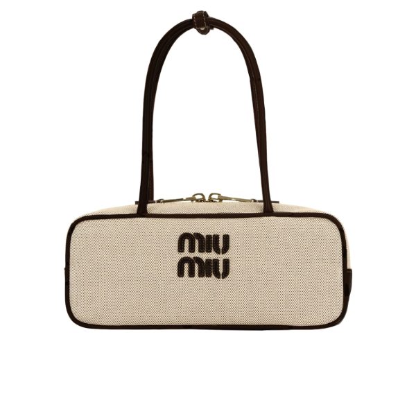 MIUMIU WOMEN’S CANVAS AND LEATHER BAG BLACK 27CM