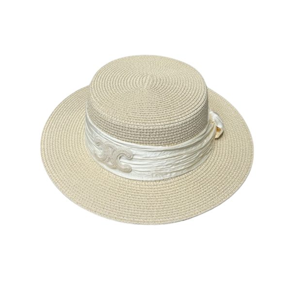 CELINE TRIOMPHE RAFFIA BOATER HAT WITH SILK IN BEIGE