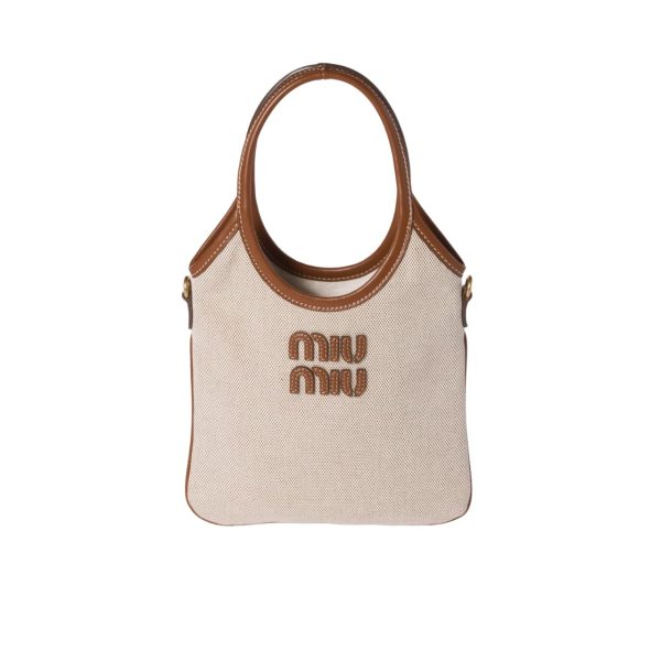 MIUMIU IVY CANVAS AND LEATHER BAG BEIGE 20CM 5BA281 ACRN F062F V OLF