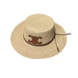 CELINE FLAT CROWN RAFFIA HAT EMBLEM IN BROWN