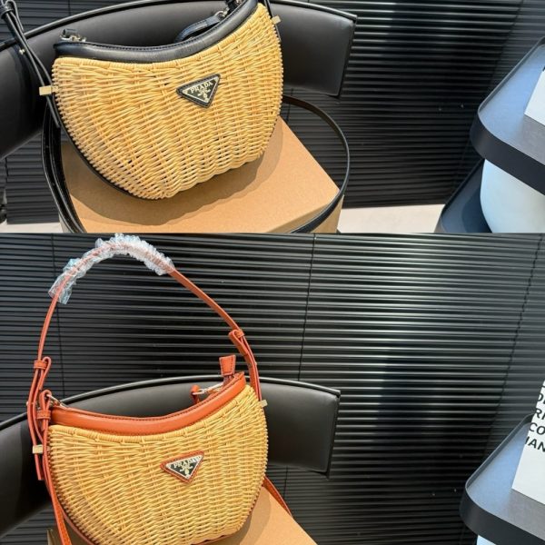 PRADA WICKER AND LEATHER ARQUÉ BAG TAN 22CM 1BC202 2CYF F0018 V OOO