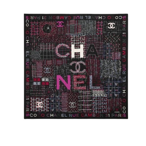 CHANEL SQUARE SCARF SILK TWILL MULTICOLOR IN BLACK 90CM