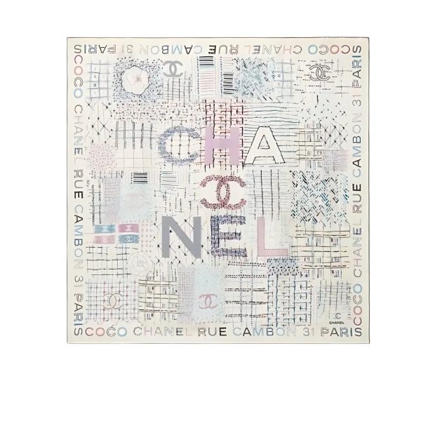 CHANEL SQUARE SCARF SILK TWILL MULTICOLOR IN WHITE 90CM
