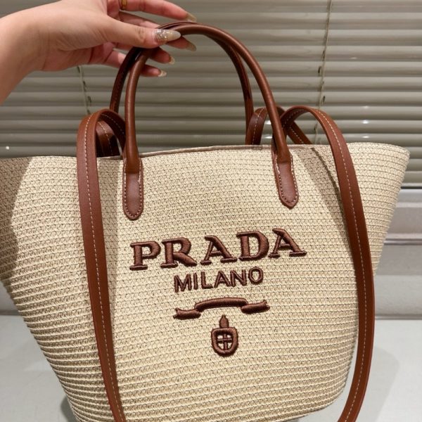 PRADA LARGE RAFFIA AND LEATHER SHOPPING BAG 25CM 1BG470 2CXQ F0A5T V GOO