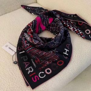 CHANEL SQUARE SCARF SILK TWILL MULTICOLOR IN BLACK 90CM