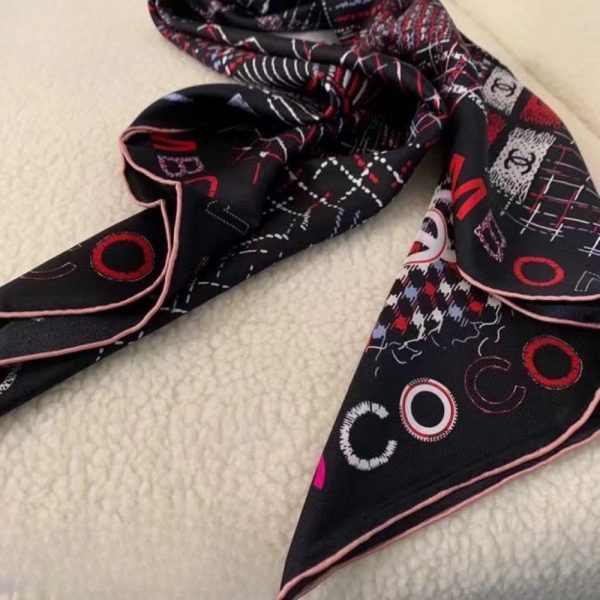 CHANEL SQUARE SCARF SILK TWILL MULTICOLOR IN BLACK 90CM