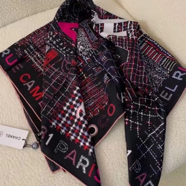 CHANEL SQUARE SCARF SILK TWILL MULTICOLOR IN BLACK 90CM