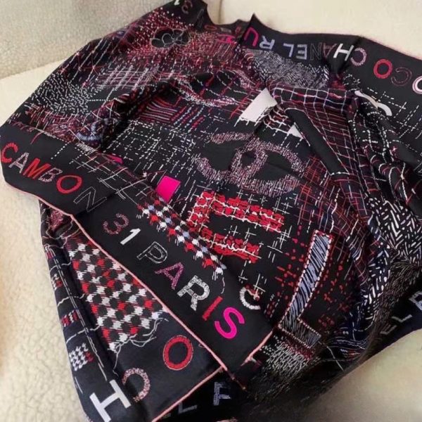 CHANEL SQUARE SCARF SILK TWILL MULTICOLOR IN BLACK 90CM