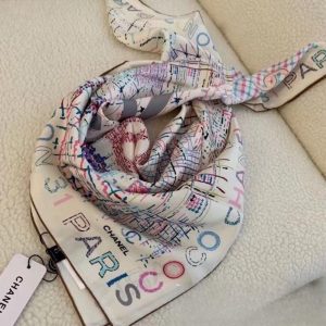 CHANEL SQUARE SCARF SILK TWILL MULTICOLOR IN WHITE 90CM