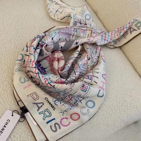 CHANEL SQUARE SCARF SILK TWILL MULTICOLOR IN WHITE 90CM