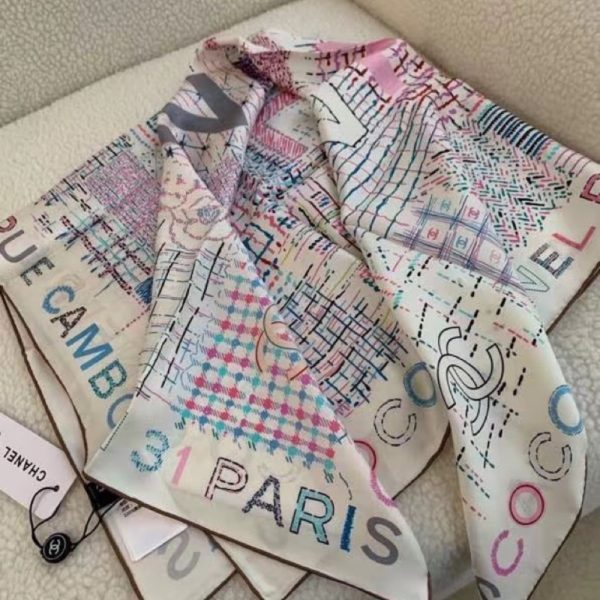 CHANEL SQUARE SCARF SILK TWILL MULTICOLOR IN WHITE 90CM
