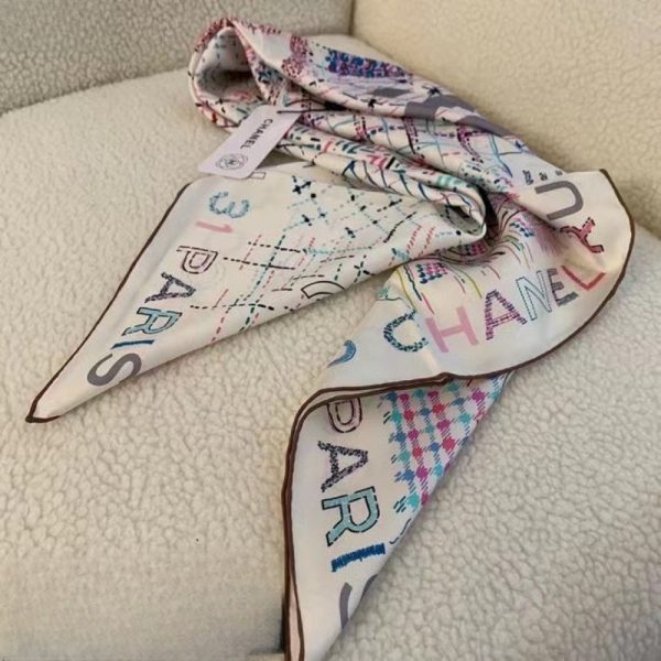 CHANEL SQUARE SCARF SILK TWILL MULTICOLOR IN WHITE 90CM
