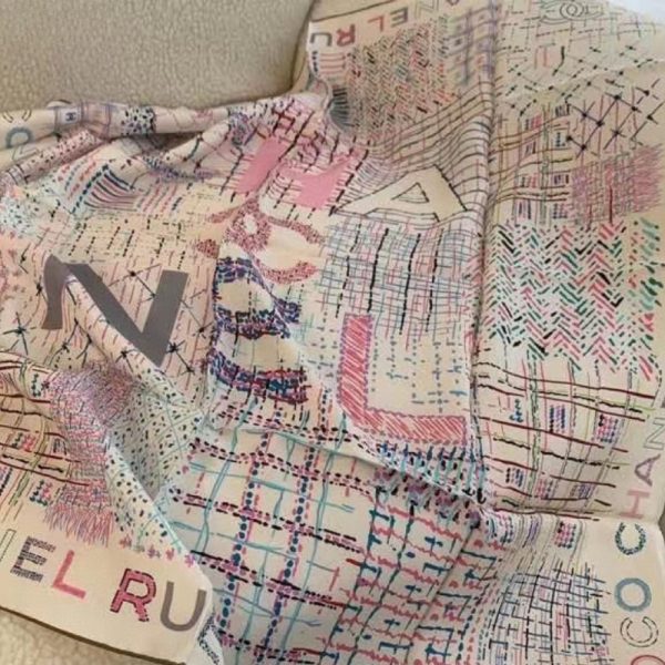 CHANEL SQUARE SCARF SILK TWILL MULTICOLOR IN WHITE 90CM